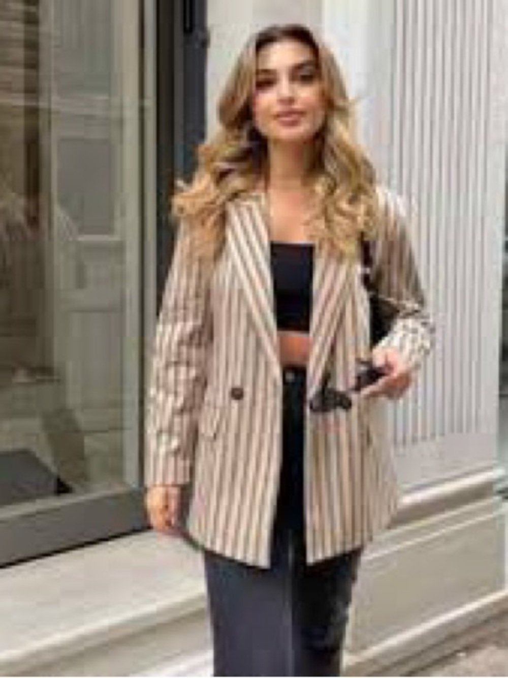 ZARA Oversized Blazer Striped Neutrals Double Breasted XL